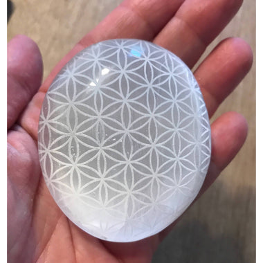 Selenite Laser Engraved Palmstone - Flower of Life 