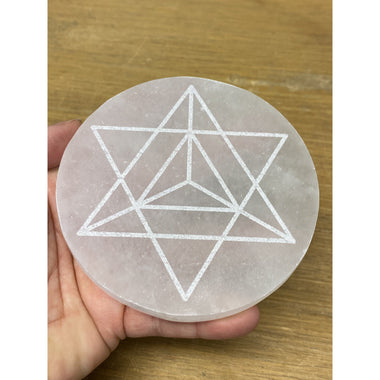 Selenite Large Engraved Merkaba Charging Platform Disc
